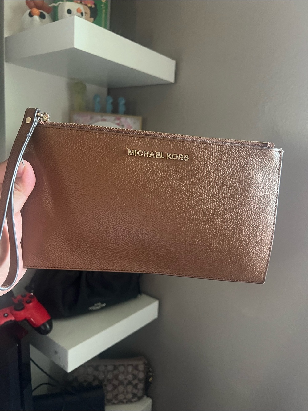 Michael Kors Gold-Logo Brown Leather Wristlet